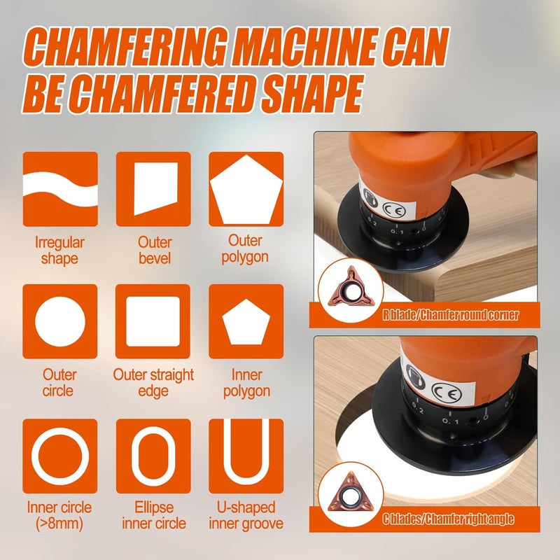 SWTHM 2 in 1 Mini Pneumatic Chamfering Machine, 45° Arc Corner Beveling Trimming Deburring Machine 30000RPM Handheld Chamfering Air Chamfer Tool with 1/4 Inch Air Inlet (C&R Angle Blades,Orange) - Image 3
